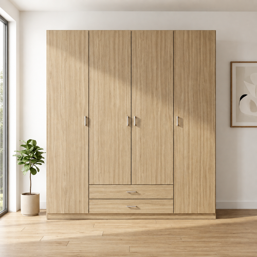 Armario Ropero 4 Puertas 200×200×52cm · Barra Colgador + 6 Estantes