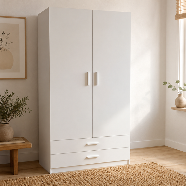 Armario Ropero 2 Puertas 100×200×52cm blanco · Barra Colgador + 2 Estantes