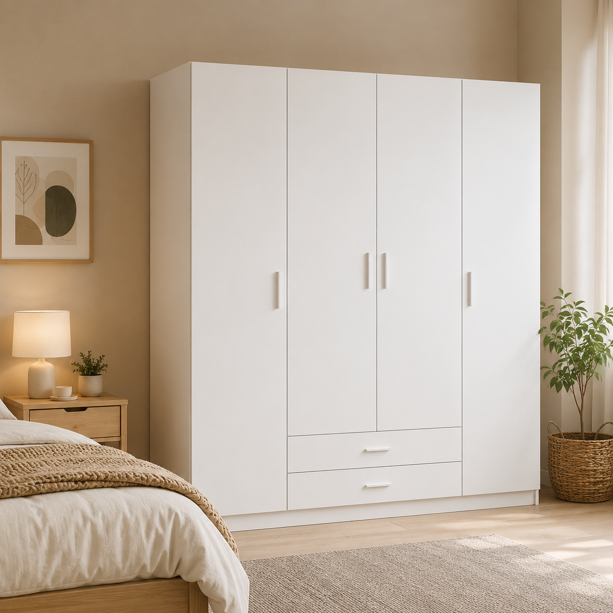 Armario Ropero 4 Puertas 200×200×52cm · Barra Colgador + 6 Estantes
