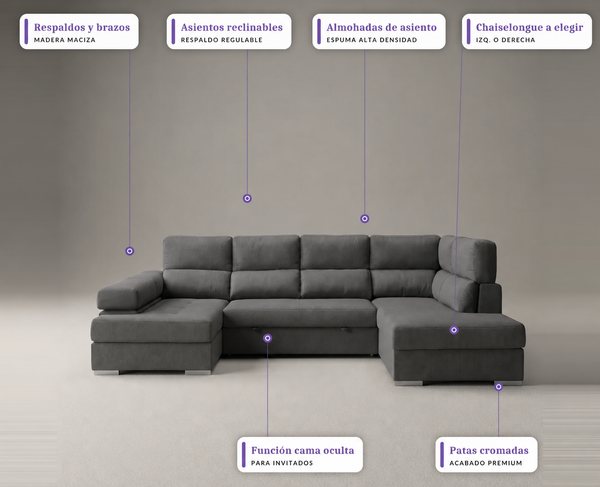 Sofá Chaiselongue FLORA Rinconera 345cm 4-5 Plazas Cama