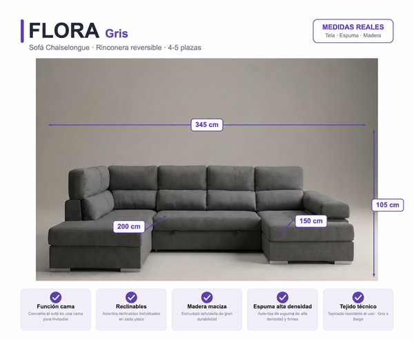 Sofá Chaiselongue FLORA Rinconera 345cm 4-5 Plazas Cama