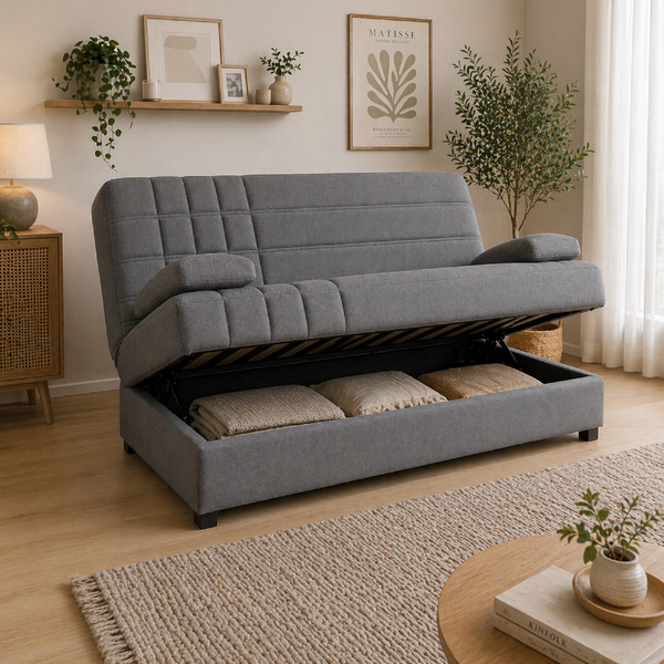 Arcón interior del sofá cama Emma para almacenamiento extra, ideal para ahorrar espacio en casa.