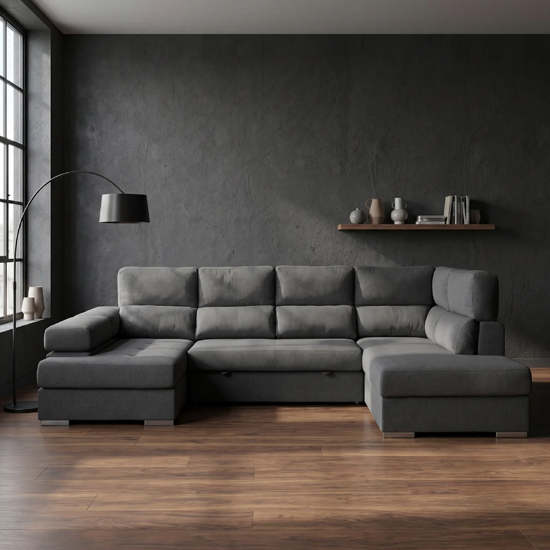 Sofá Chaiselongue FLORA Rinconera 345 cm · 4-5 Plazas · Cama + Arcón · Asientos Reclinables · Orientación Izq/Der