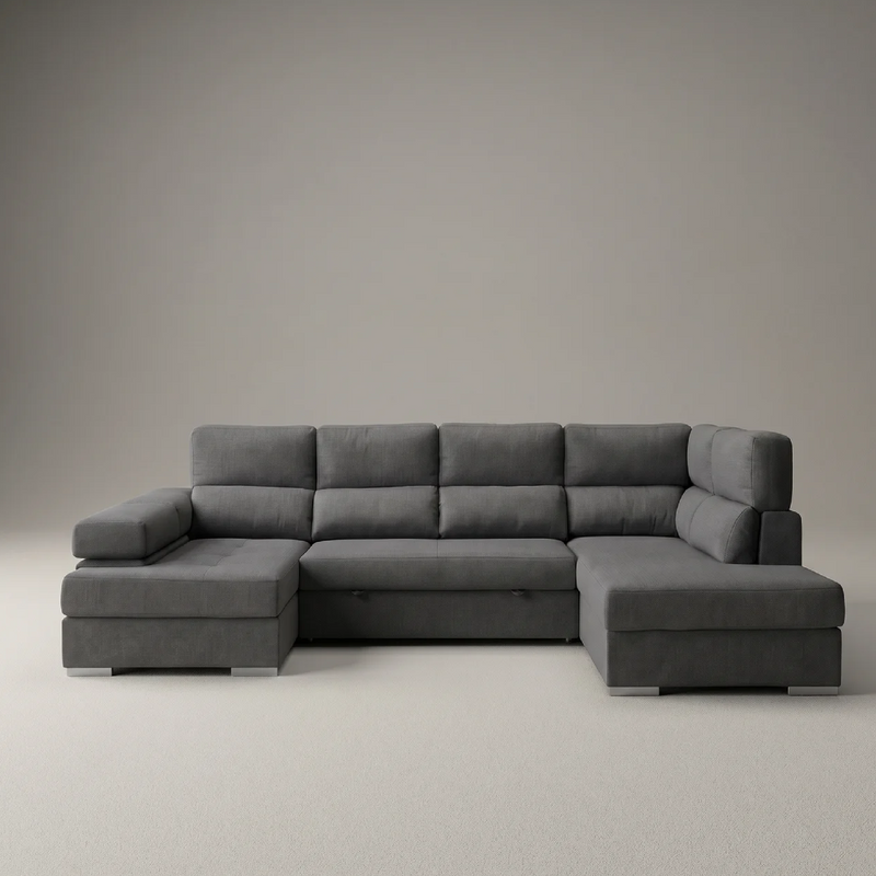 Sofá Chaiselongue FLORA Rinconera 345 cm · 4-5 Plazas · Cama + Arcón · Asientos Reclinables · Orientación Izq/Der