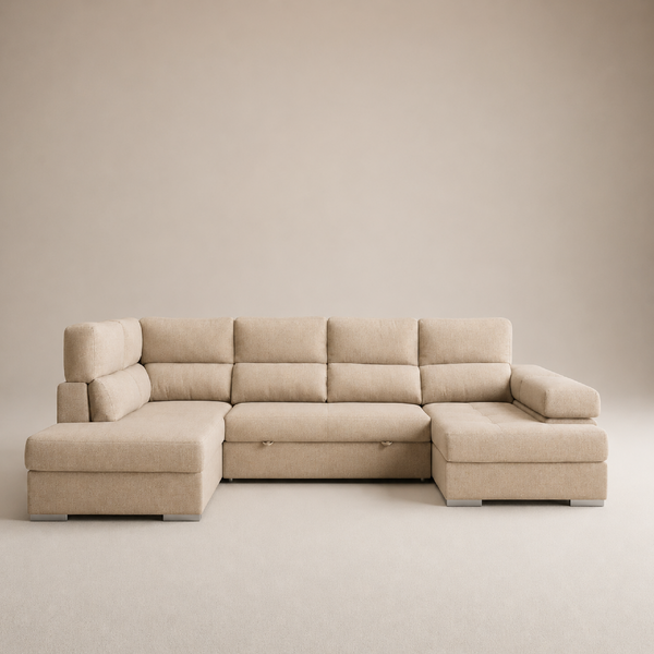 Sofá Chaiselongue FLORA Rinconera 345cm 4-5 Plazas · Cama + Arcón · a elegir Izq/Der