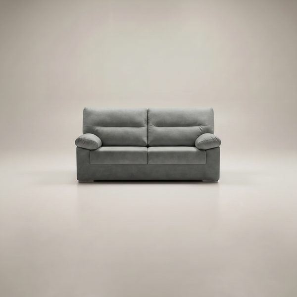 Sofá LINA 3 plazas gris 180cm con tapizado tela antimanchas y estructura de madera reforzada. Disponible en gris y beige. Envío 49€ o con montaje 59€.