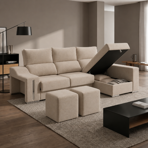Sofá Chaiselongue Romeo en beige con chaise longue a la izquierda, configuración reversible para cualquier salón.