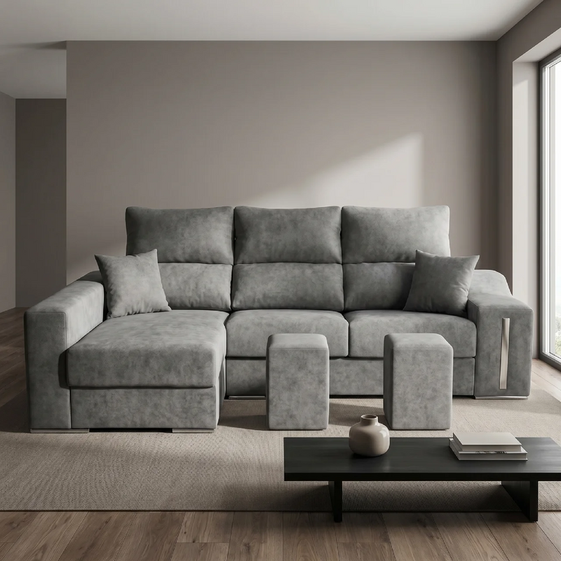 Sofá Chaiselongue ROMEO 265 cm · Arcón Integrado · Asientos Deslizantes · Cabezales Reclinables · a elegir Izq/Der