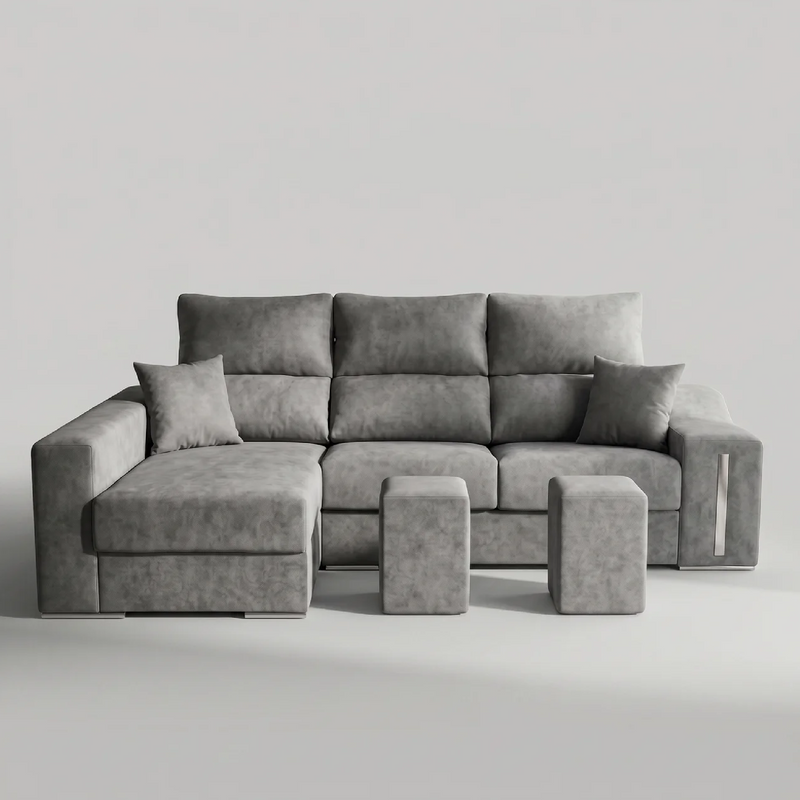 Sofá Chaiselongue ROMEO 265 cm · Arcón Integrado · Asientos Deslizantes · Cabezales Reclinables · a elegir Izq/Der