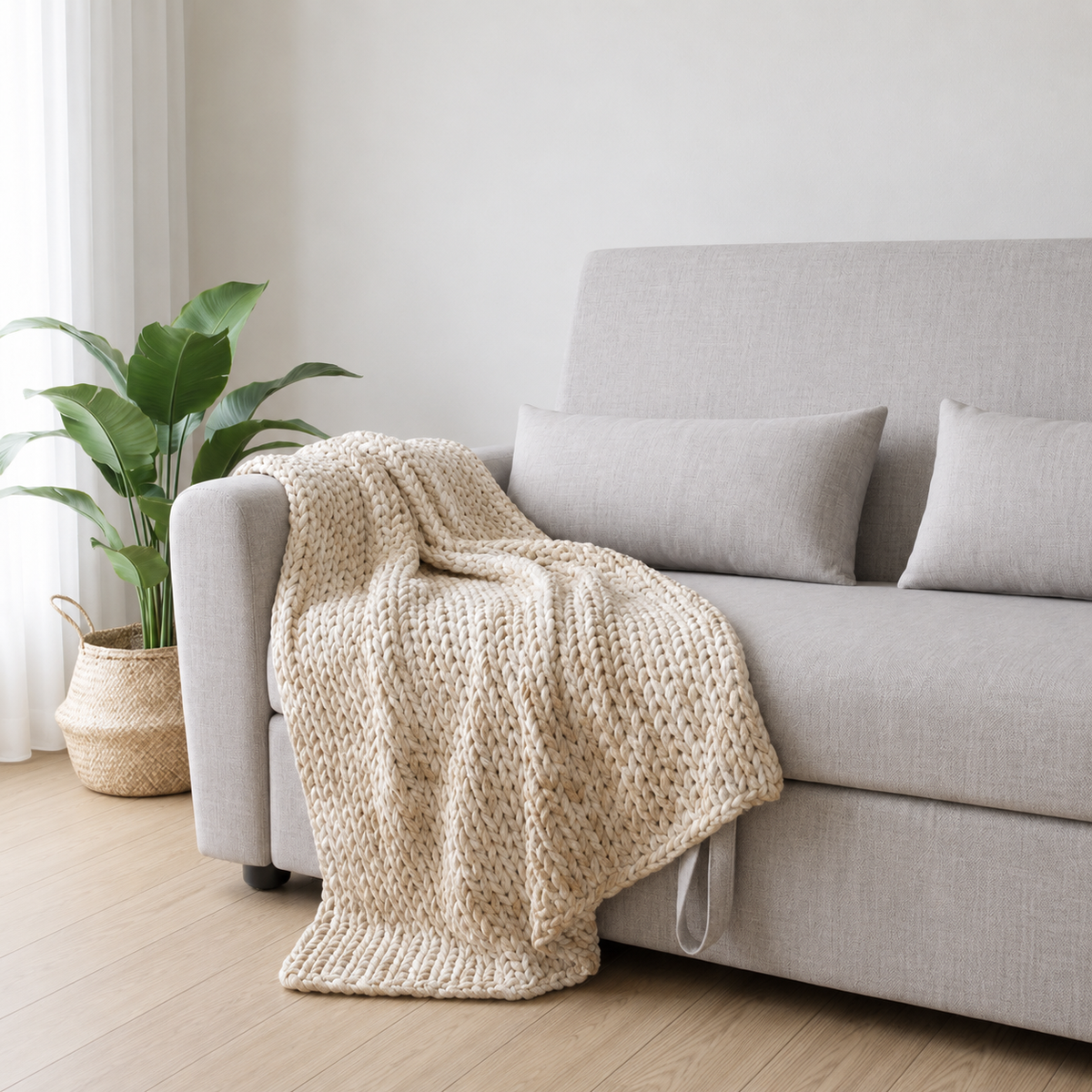 Detalle del Sofá Cama NORA con cojines decorativos y manta