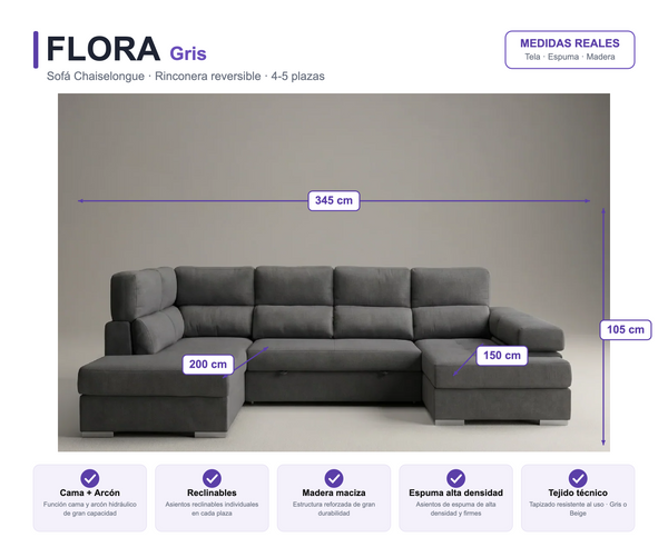 Sofá Chaiselongue FLORA Rinconera 345cm 4-5 Plazas Cama + Arcón