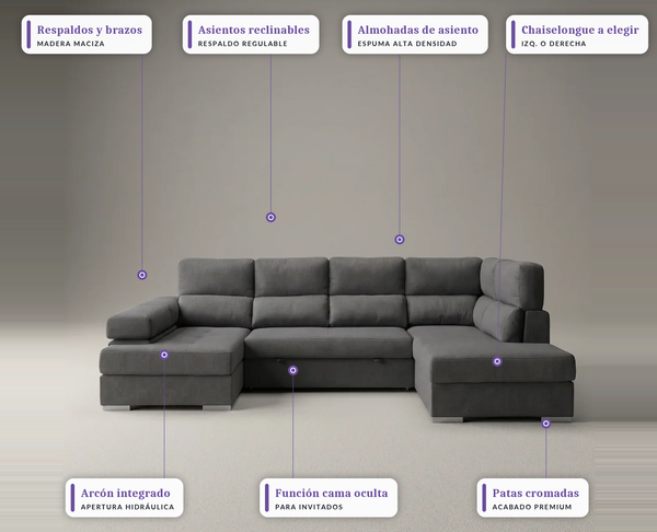 Sofá Chaiselongue FLORA Rinconera 345cm 4-5 Plazas Cama + Arcón