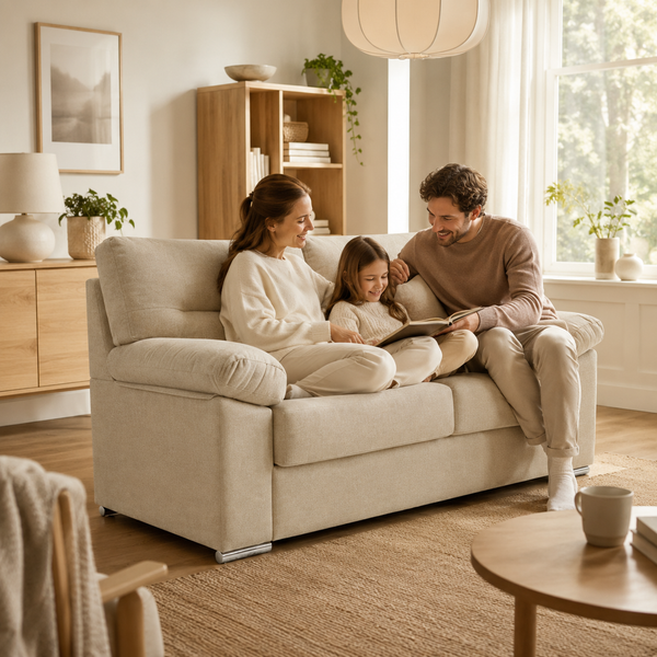Sofa Lina 3 Plazas 186cm Tapizado Tela Antimanchas beige familia