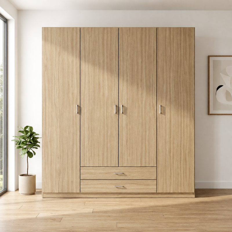 Armario Ropero 4 Puertas 200×200×52cm · Barra Colgador + 6 Estantes